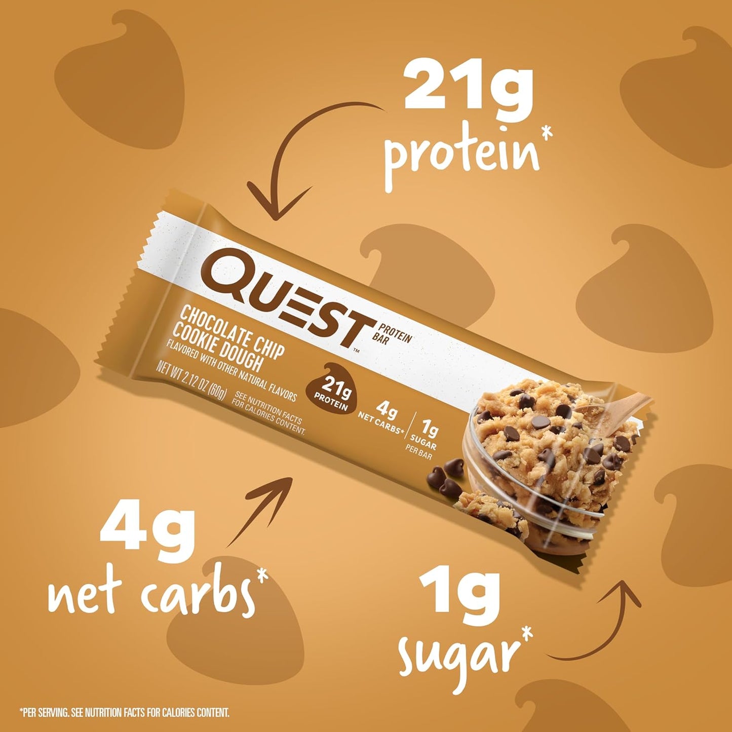 Quest Nutrition Chocolate Chip Cookie Dough Protein Bar, 21g protein, 1g sugar, 4g net carbs