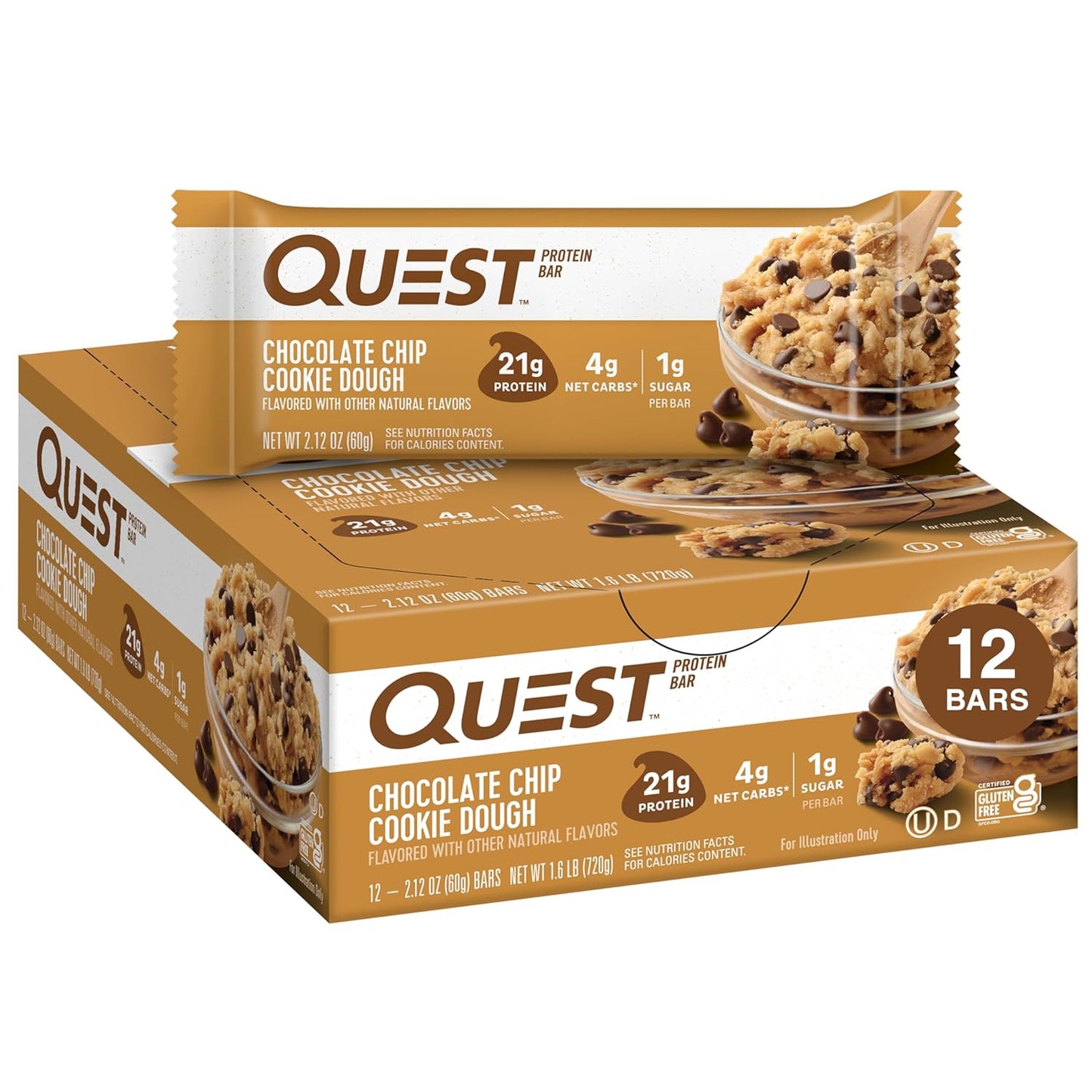 Quest Nutrition Chocolate Chip Cookie Dough Protein Bar, 21g protein, 1g sugar, 4g net carbs