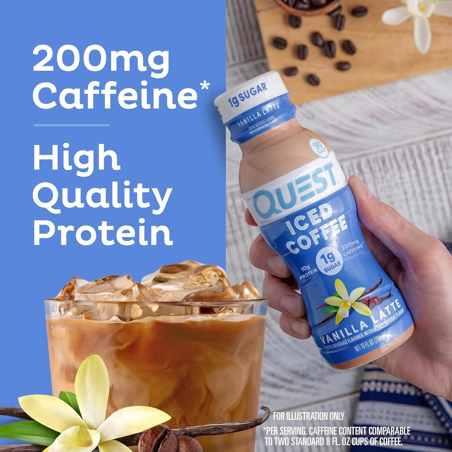 Quest Nutrition Iced Coffee, Vanilla Latte, 1g of Sugar, 10g of Protein, 90 calories, 200mg of caffeine