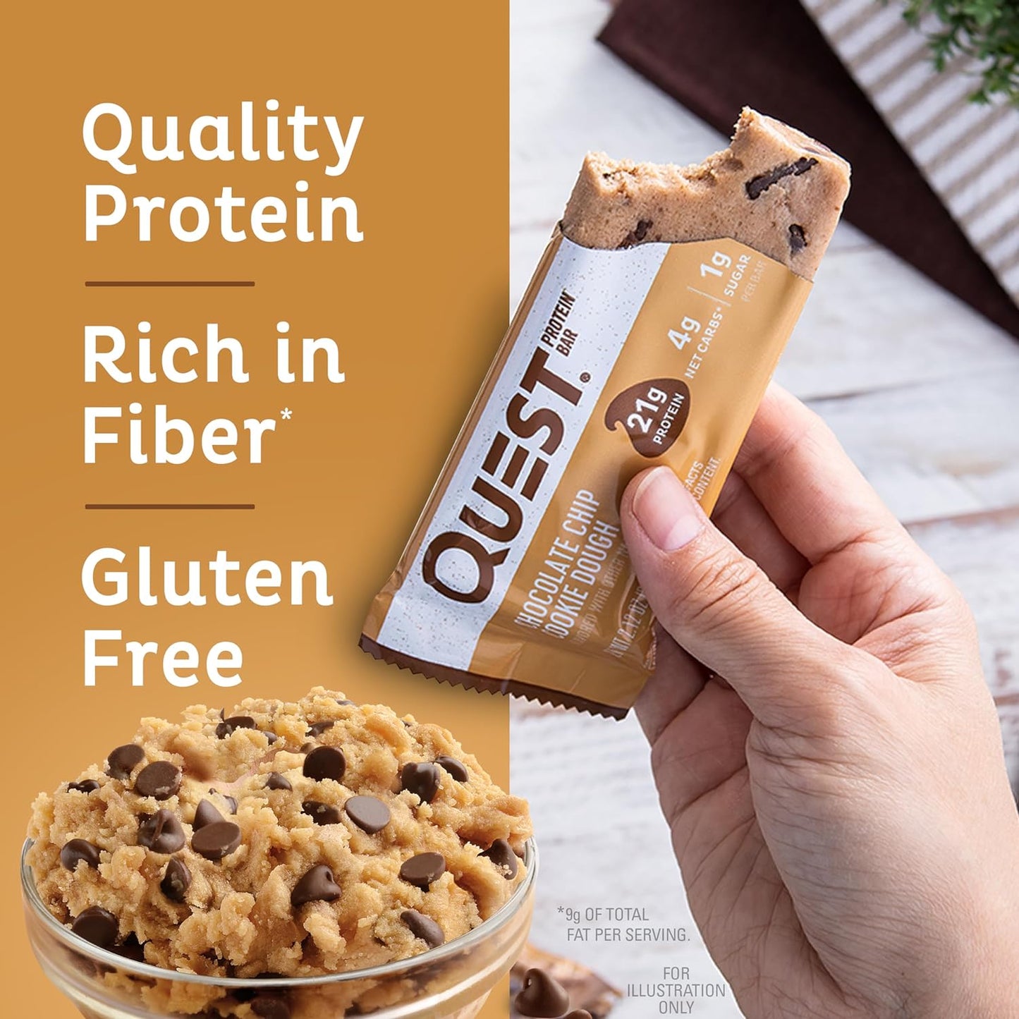 Quest Nutrition Chocolate Chip Cookie Dough Protein Bar, 21g protein, 1g sugar, 4g net carbs